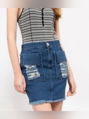 POL Blue Distressed Denim Mini Skirt with Flannel Detail